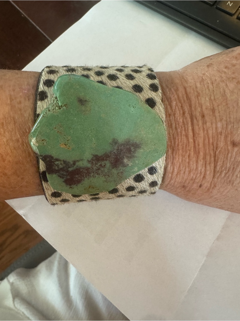 Turquoise Stone Cuff Bracelet on Black-and-White Spot Leather